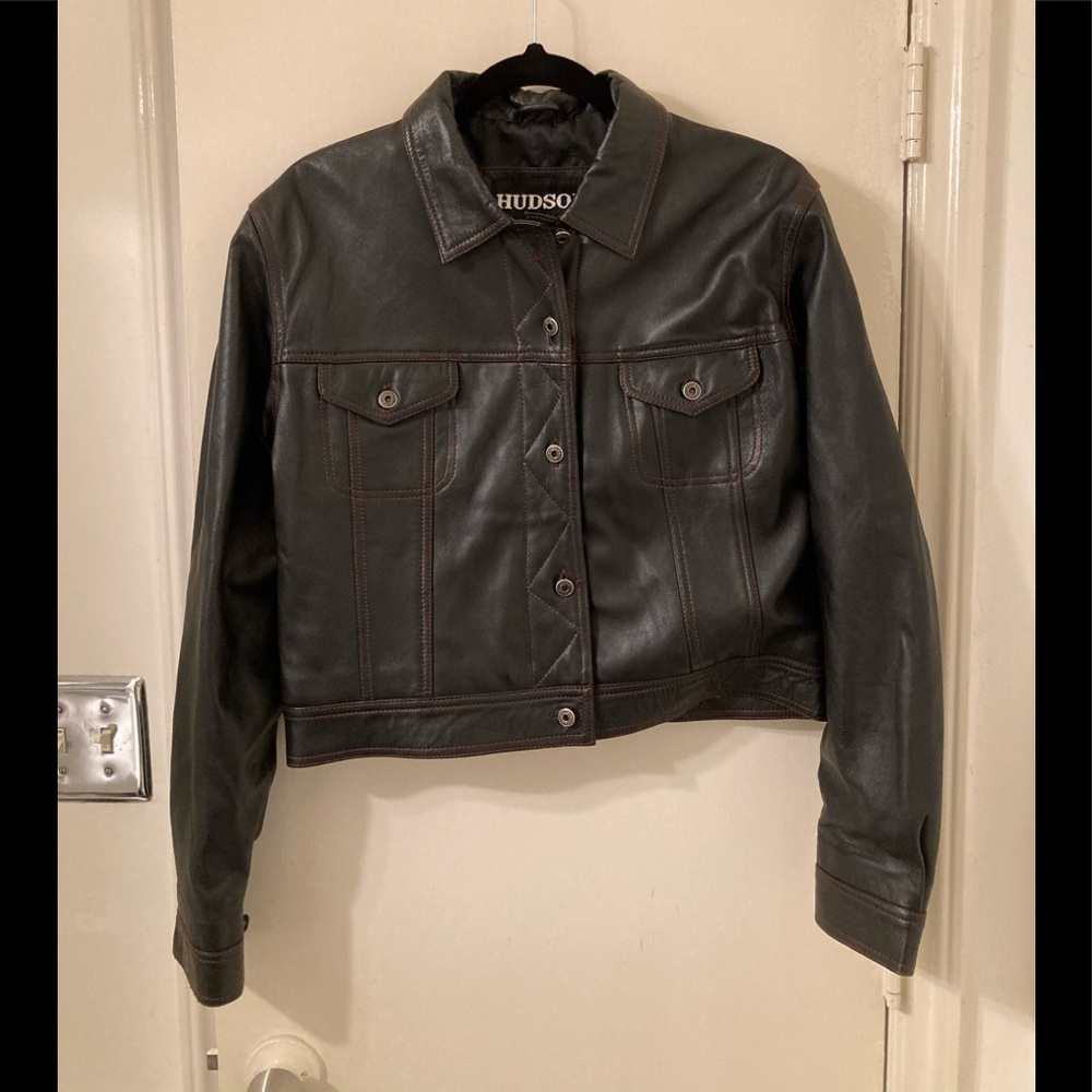 Lamb Leather Jacket by Hudson @ Saks Fifth Ave Denim Look. Black/Red Stitching